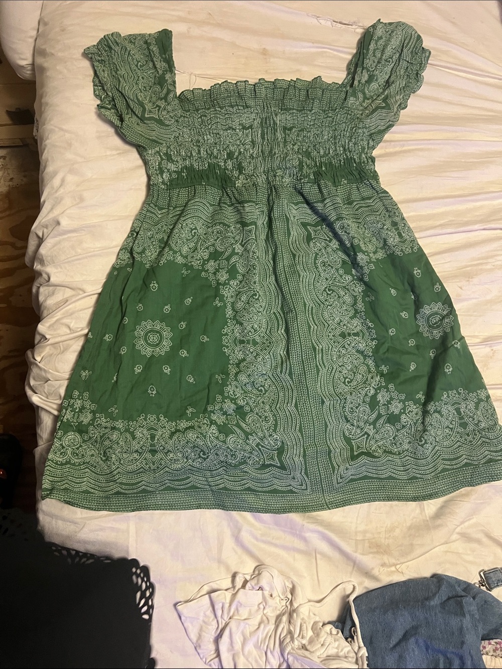 Green Smocked Bandana-Print Mini Dress